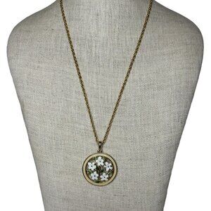 Vintage Gold Tone Enamel Flower Pendant And Necklace - 24in